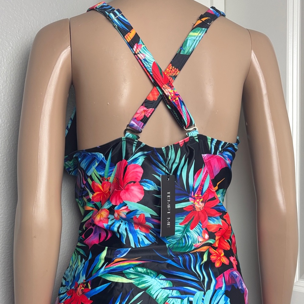 NWT Tankini Tropical Print Bikini Top Matching Black Swim Shorts with Pockets! - Picture 9 of 14